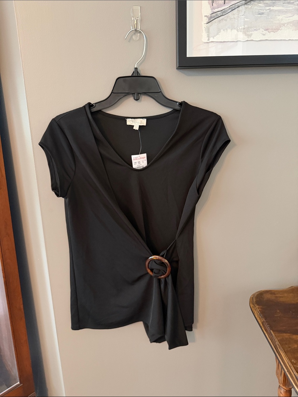 Chenault Black Short Sleeve Twist-Front Top with Ring Detail